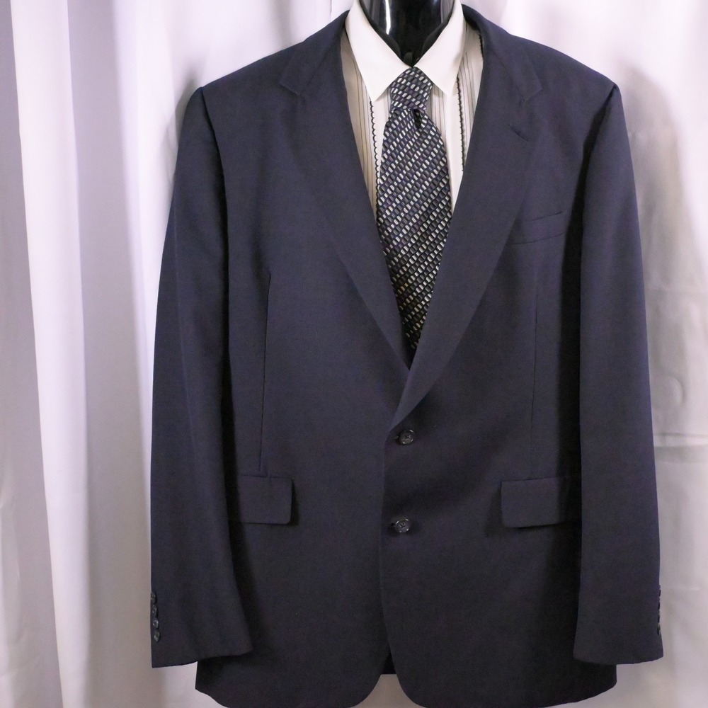 Hart Schaffner Marx Navy‎ Blue Plaid Sport Coat Mens 46L Wool Blazer